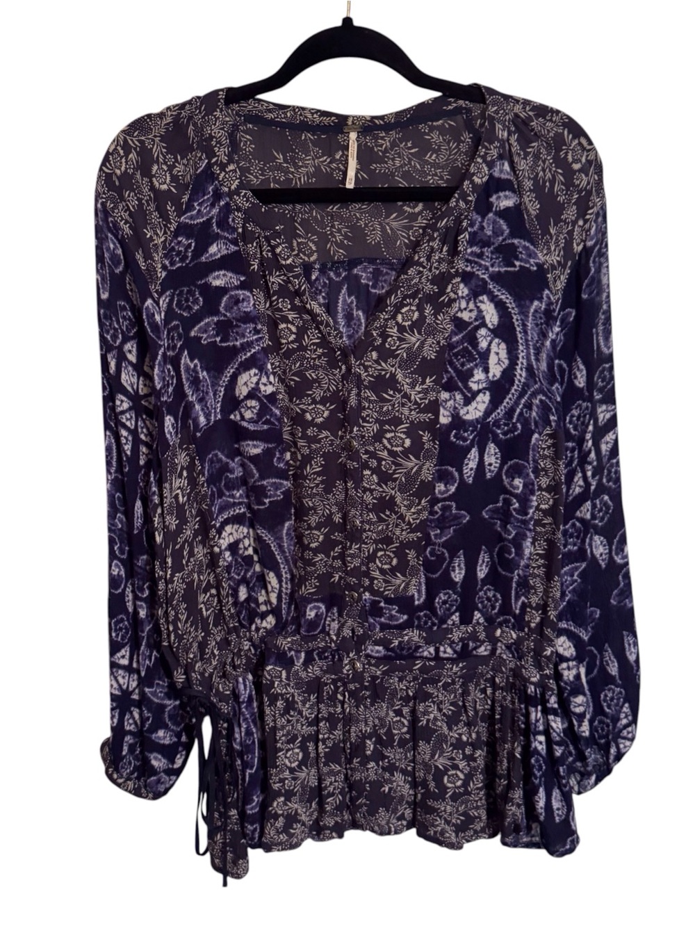 Free People X-Small Indigo Ratio Top Blouse Floral Boho Western Long Sleeve